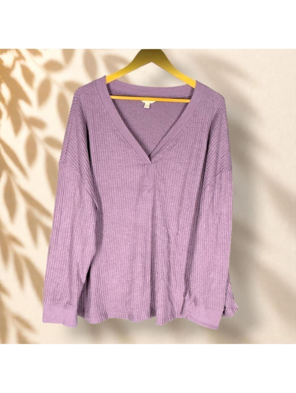 Terra & Sky Sweater Pullover Women 2X Plus Purple V-Neck Long Sleeve Waffle Knit